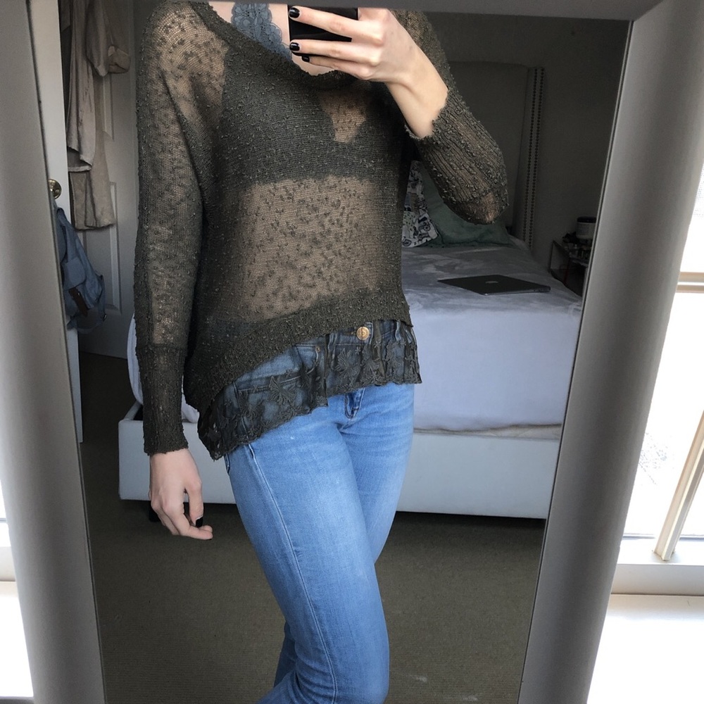 LF boho army green lace sweater